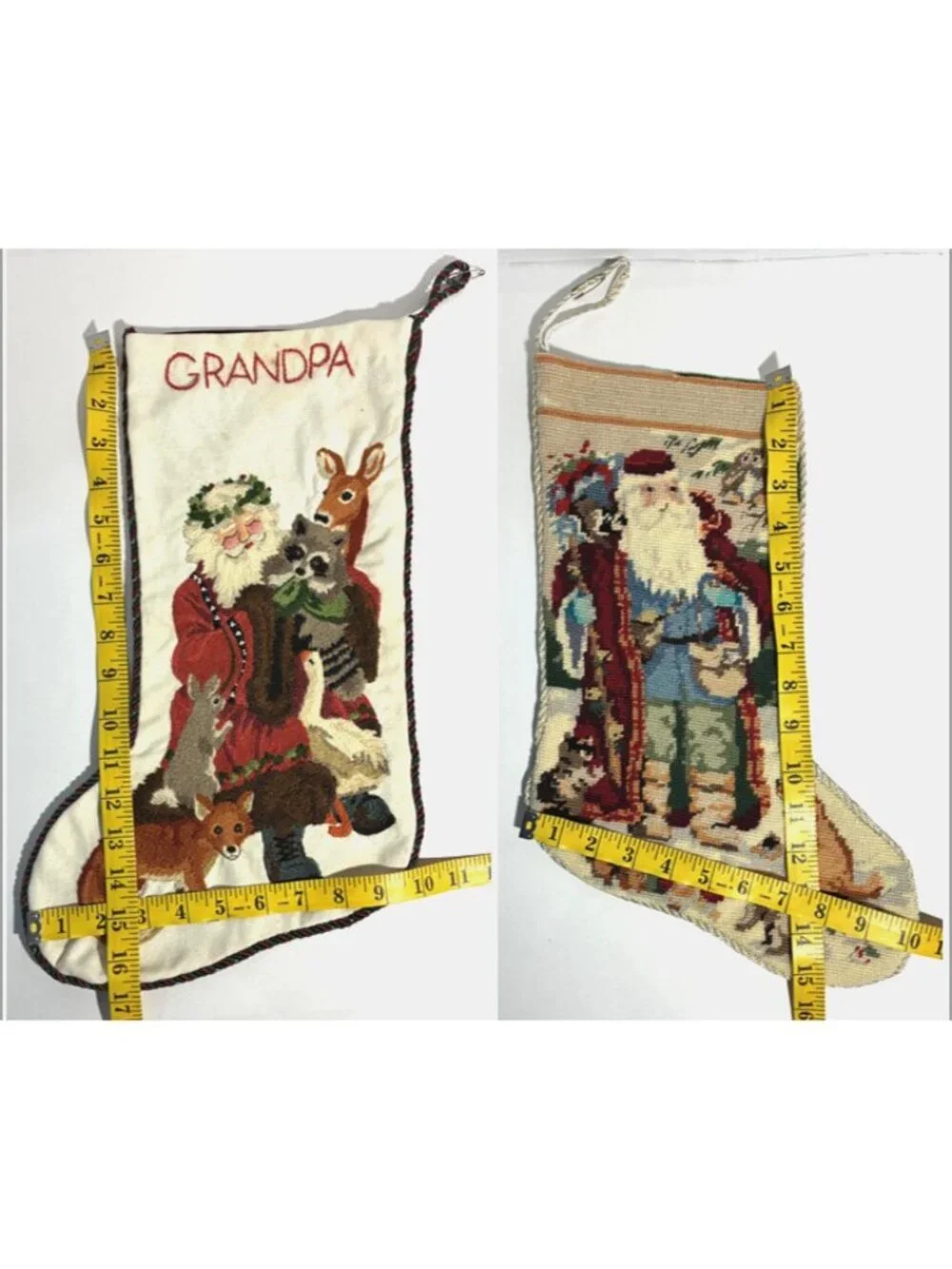 2 VTG 1980s Needlepoint Crewel Christmas Stockings Santa Claus Animals Grandpa